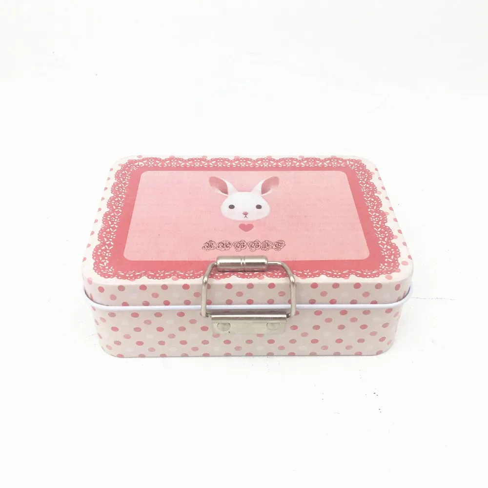 small pink rectangle double tier candy or pill packing tin box