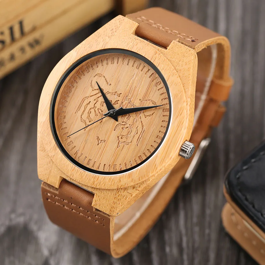 High Quality Men's Handmade Natural Wooden Watch Tiger Pattern Brown Genuine Leather Strap Quartz Wristwatch Male Sports (8)