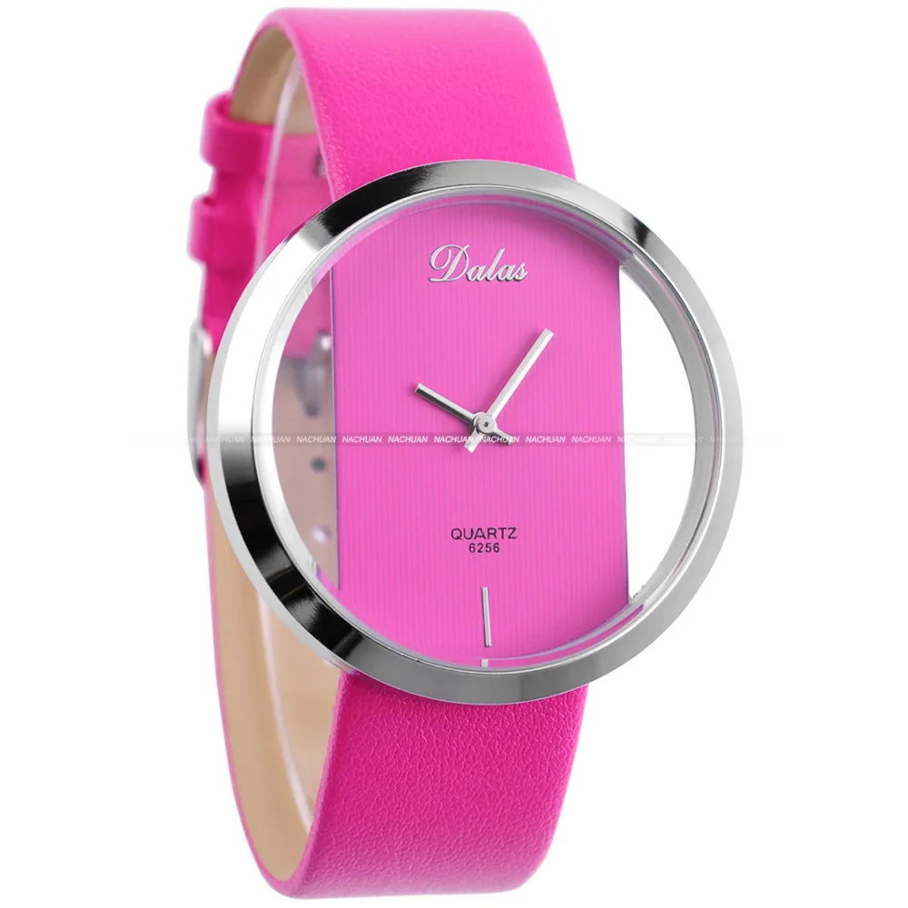 Transparent Pink Leather Band Quartz Lady Women's Bracelet Wrist Watch For Girls