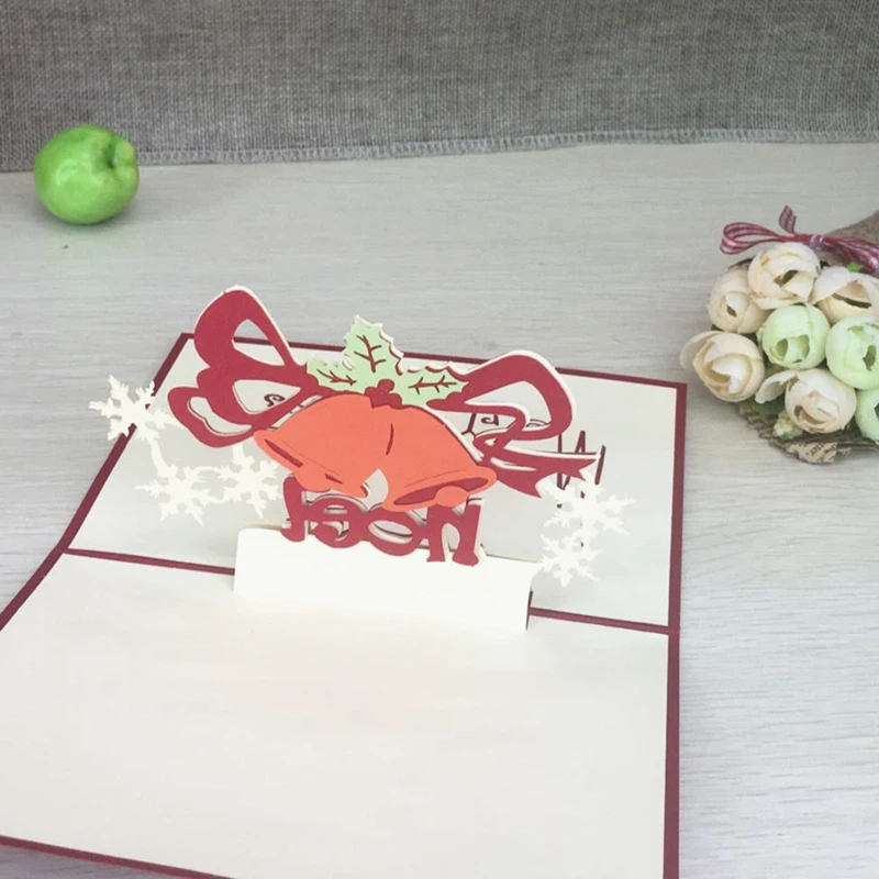 1pcs Christmas Bells 3D Laser Cut Greeting Pop Up Card Invitation Custom Postcards Christmas Thanksgiving Day Party Gifts (4)