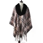 Ladies acrylic colorful shred woven stripe checked yarn dye fur collar ruana cappa shawls stole scarf