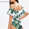 Ability to customize Low MOQ Cover-up swimwear Off shoulder Ruffles Digital Printing Straps swimsuit