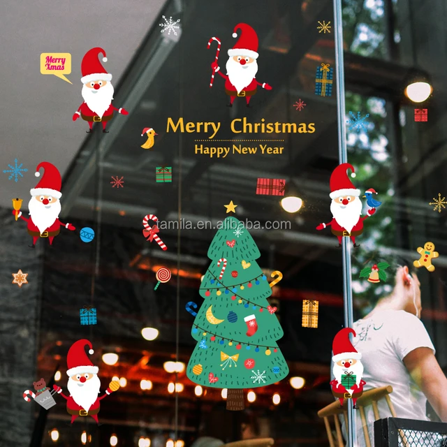 merry christmas tree santa claus gift wall decals for kids home