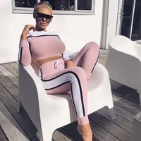 

Two piece set women clothing wholesale sweat suits stripe sportswear crop top sexy joggers running tracksuits
