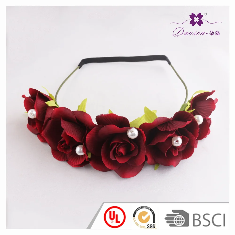 Unique design women wedding hair accessories bridal red rose flower crown headband with pearls
