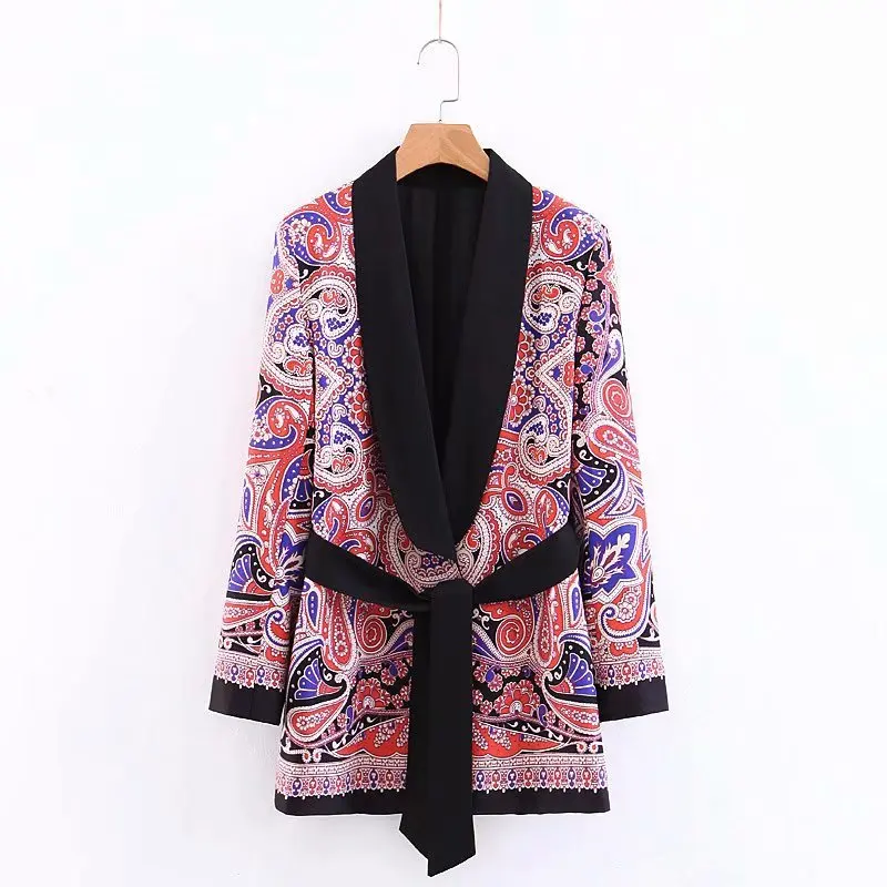 Fashion design long sleeve printed patchwork color casual blazer for women with belt
Fashion design long sleeve printed patchwork color casual blazer for women with belt