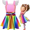 Girls Flying Sleeve Dress Fancy Nancy Cosplay Frocks Rainbow Print Clothing Baby Girl Daily Casual Outfits Kids Role Play Sets