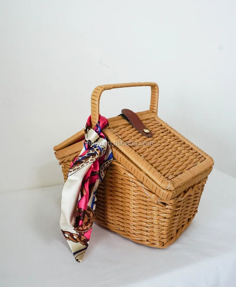 handicraft plastic rattan picnic basket hamper with handle and