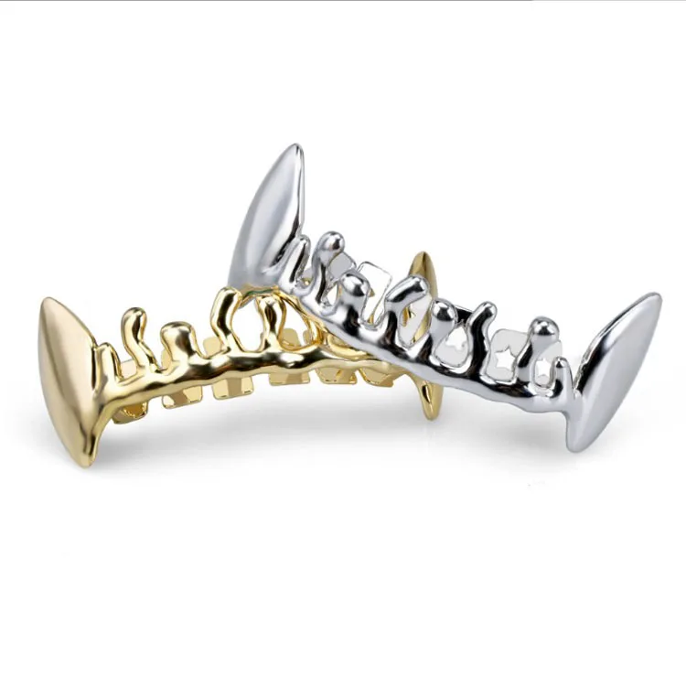 

Blues RTS Gold Silver gold Color Hip hop Vampire Fangs 8 Large Teeth Grillz for Halloween party gift, Silver,reall gold