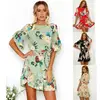 2018 Women Summer Ruffle Chiffon Beach Dress Bohemian Floral Print O-Neck Short Sleeve Dress With Belt