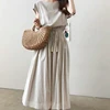 Summer Hot Sale Natural Linen Solid Color Short Sleeve O Neck Retro Clothes Long Maxi Women Dress