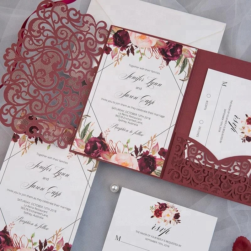 Cheap Burgundy Laser Cut Lace Pocket Invitation for Wedding Cards