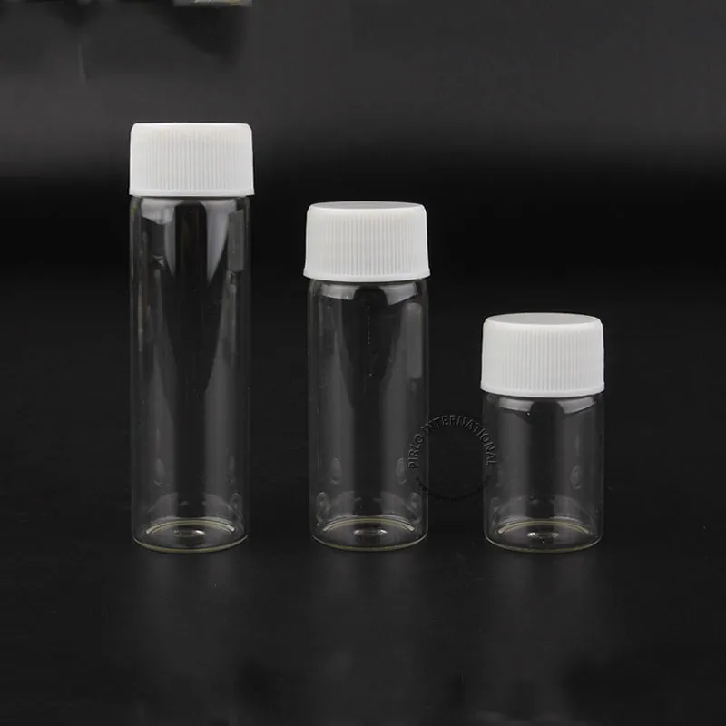20ml 35ml 45ml clear screw neck glass vial with white plastic cap wholesale empty glass bottle vials with 28mm neck size
