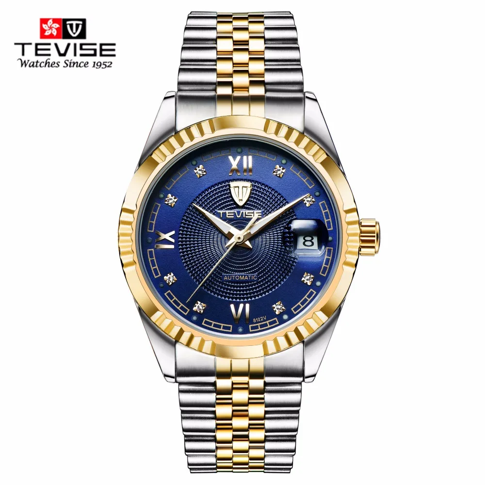 

TEVISE 629-003 Mens Automatic Mechanical Watches Luxury Full Steel Business Self Wind Men Analog Gold Watch, 5 color for you choose