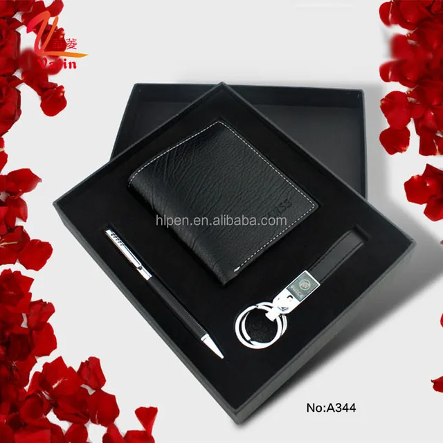 business gift set pen with key chain and leather wallet for