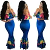 Floral Printed Off Shoulder Ruffle Top and Long Skirt Set African Mermaid Evening Dress Two Pieces Women Dress