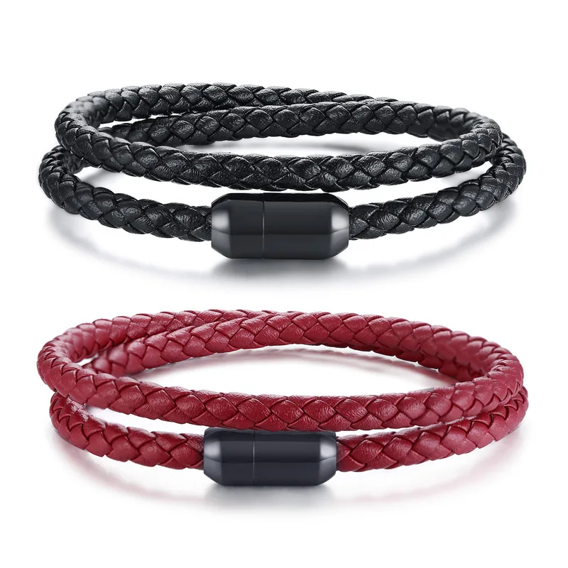 Wish hot sale 39cm black red genuine leather two circle stainless steel megnetic buckle bracelet for men
Wish hot sale 39cm black red genuine leather two circle stainless steel megnetic buckle bracelet for men