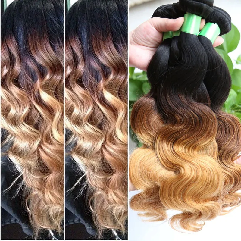 wholesale hair 100% remy #1b/4/27 three tone sew in human hair weave ombre hair