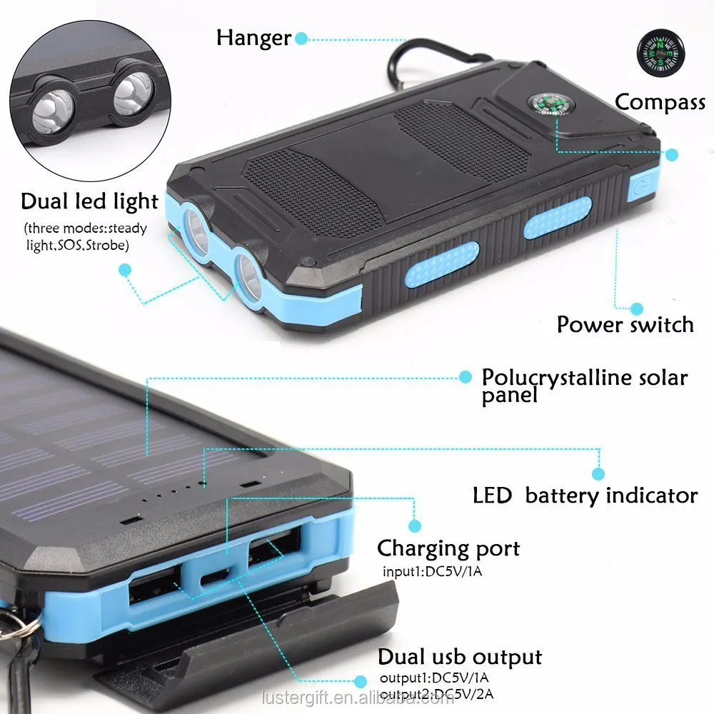 10000mAh Lithium Polymer Battery IP67 Waterproof Solar Power Bank With Flashlight Compass for Outdoor - ANKUX.COM