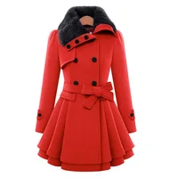 

walson 2016 Fashion Women Warm Red Trench Coat Lapel Double-Breasted Rabbit Fur Wool Long Ladies Winter Coats