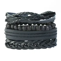 

2020 4pcs set Wholesale Black Multilayer Genuine Leather Bracelet Set Mens Braided Wrap Leather Cuff Bracelet