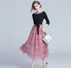 new design 2018 autumn fashionable women elegant round neck long pink lace dress