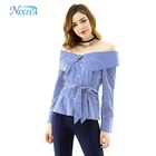 Women polyester cotton waist bandage off the shoulder printed stripe blouse