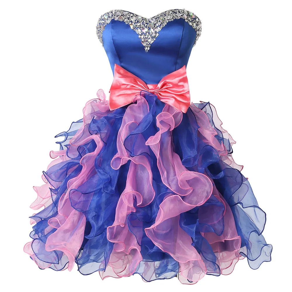 Grace Karin Sexy strapless Blue Organza Knee Length Short Bridesmaid Dress crystal Cheap Gowns sweetheart neckline CL007528-1