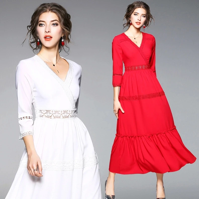 2018 Spring and Summer Three Quarter Sleeve Lace Patchwork Long One Piece Dress, Red;white
2018 Spring and Summer Three Quarter Sleeve Lace Patchwork Long One Piece Dress, Red;white