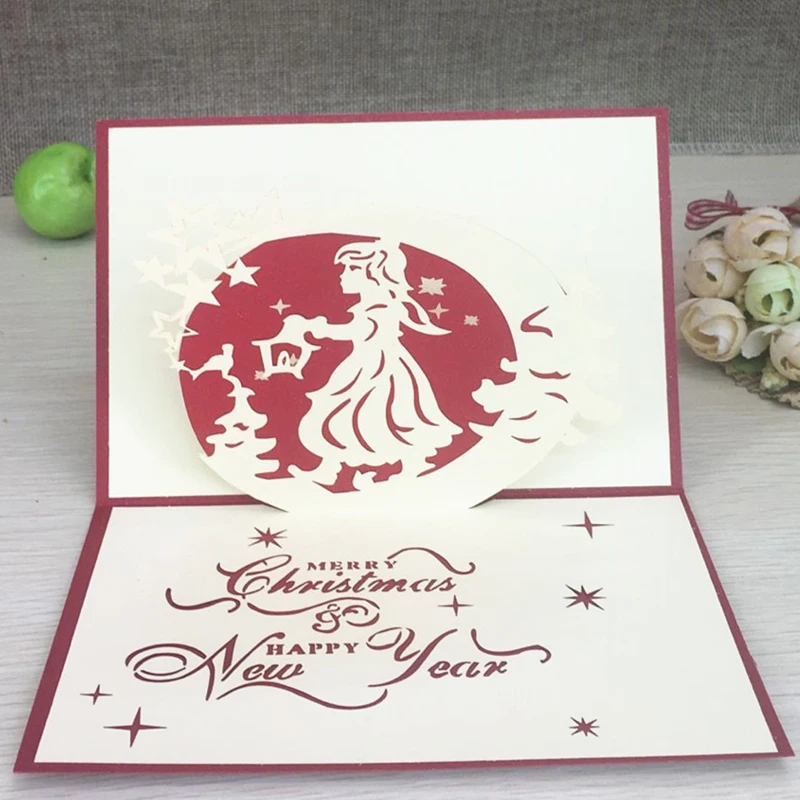 1pcs Christmas Girl 3D Laser Cut Greeting Pop Up Card Invitation Custom Postcards Christmas Thanksgiving Day Party Gifts