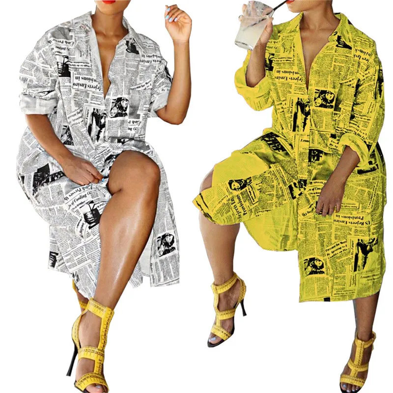 Women Autumn white yellow Casual newspaper printing long shirt dress loose style oversize women dress, N/a
Women Autumn white yellow Casual newspaper printing long shirt dress loose style oversize women dress, N/a