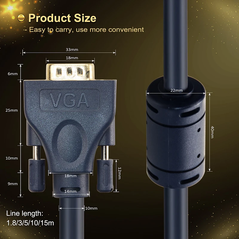 CABLETIME VGA Cable Fireproof 3+9C Braided High Premium Shielding VGA to VGA M/M 15 PIN 1.8m 6ft - ANKUX.COM