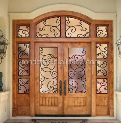Flowerpot And Vine Design Wrought Iron Double Entry Door With