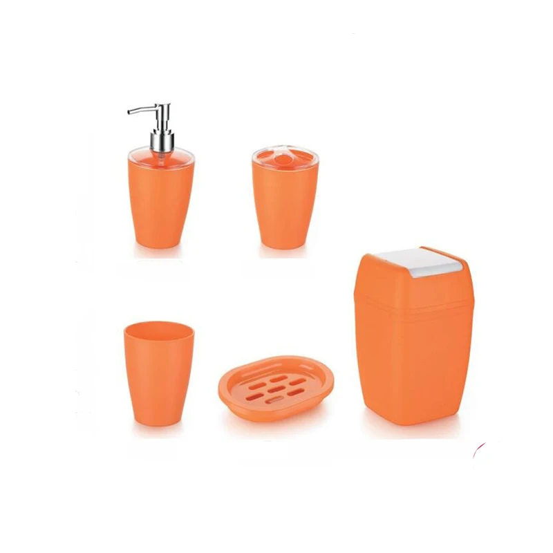 Novo estilo de cor laranja conjunto de acessórios do banheiro conjuntos de acessórios de banho de plástico de limpeza doméstica