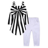 

Hao Baby Explosion Models 2019 European And American Children Wear Striped Butterfly Girls Set Children Hole Trousers