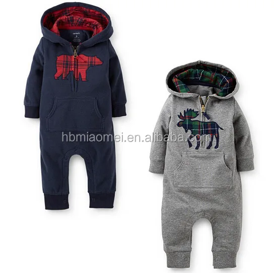 2016 spring moose printed hooded long sleeve unisex christmas romper with 100% cotton
