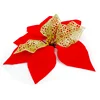 15cm Artificial Christmas Flowers Red Poinsettia Christmas Tree Ornaments Velvet Silk Flower With Glitter Leaf