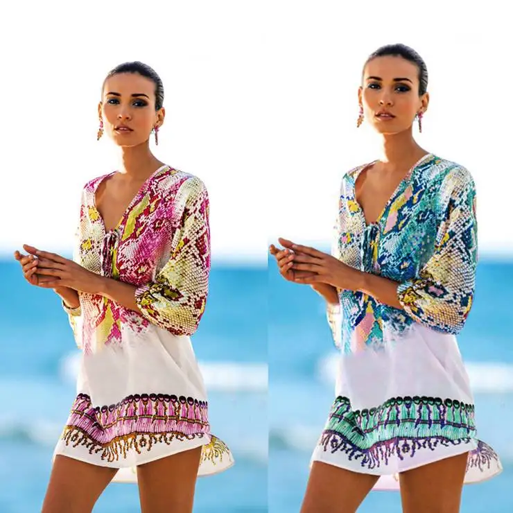 Fashion Snake Pattern Printing Bikini Blouse V Neck Cover Up Chiffon Swimwear cover up 
Fashion Snake Pattern Printing Bikini Blouse V Neck Cover Up Chiffon Swimwear cover up