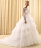 Long Sleeve Illusion Neck A Line Dot Tulle Layers Cheap Real Image New Custom Made Bridal Wedding Gowns