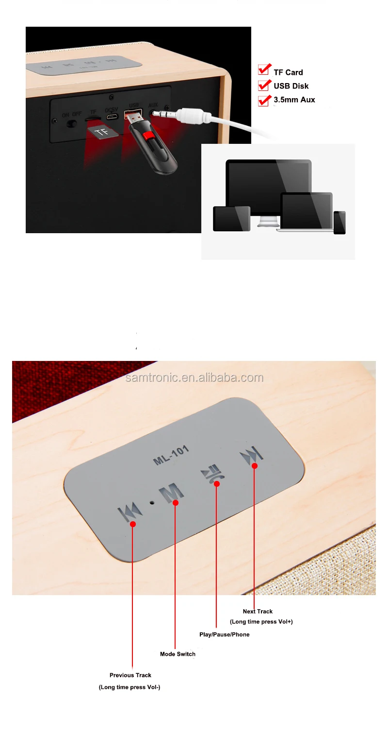ML-101 Wooden Portable Bluetooth Speaker with Alarm clock Wireless Portable Bluetooth Home Theater Party Speaker Sound system - ANKUX.COM