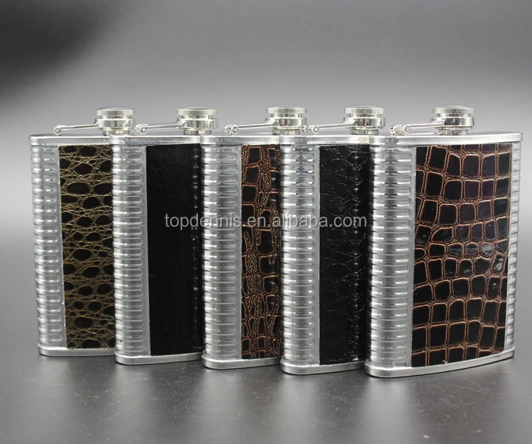 7oz stainless steel wine hip flask with black leather covered