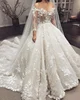 2019 Illusion Long Sleeve Ball Gown Wedding Dress Lace 3D Handmade Flowers Chapel Train Custom Bridal Gowns
