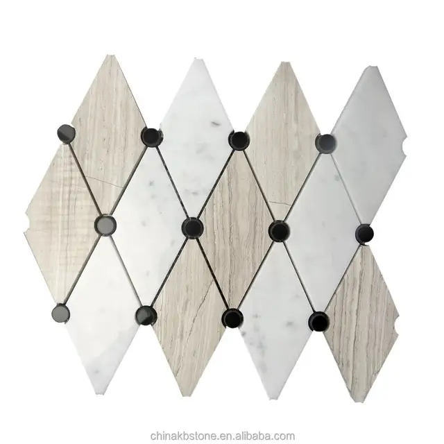 popular rhombus mosaic white marble and wooden vein marble floor