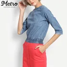 Women elastic hem half sleeves short denim blouses tops