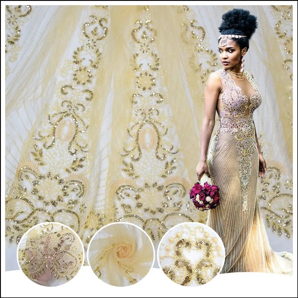 Heavy beaded tulle gold lace fabric with sequins best selling new york wholesale fabric lace HY0698-7
Heavy beaded tulle gold lace fabric with sequins best selling new york wholesale fabric lace HY0698-7