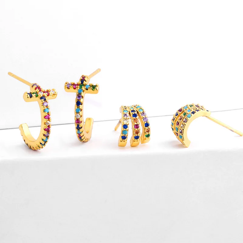 Stylish zircon earring jewelry brass curved hoop stud earrings 18k gold plated, Multi
Stylish zircon earring jewelry brass curved hoop stud earrings 18k gold plated, Multi