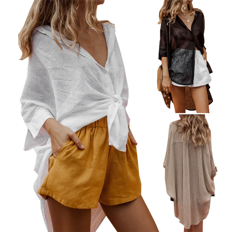 2019 New Fashion women's solid color Short Sleeve long cotton linen V-neck shirt Tops, As show
2019 New Fashion women's solid color Short Sleeve long cotton linen V-neck shirt Tops, As show