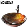 Bathroom Sanitary Ware Golden Color 12mm Thickness Tempered Glass Round Shaped Table Top Wash Basin