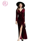 2019 Spring New Design Elegant Women Sexy Burgundy Red Velvet V-neck Long Sleeve Ankle-Length Casual Dress