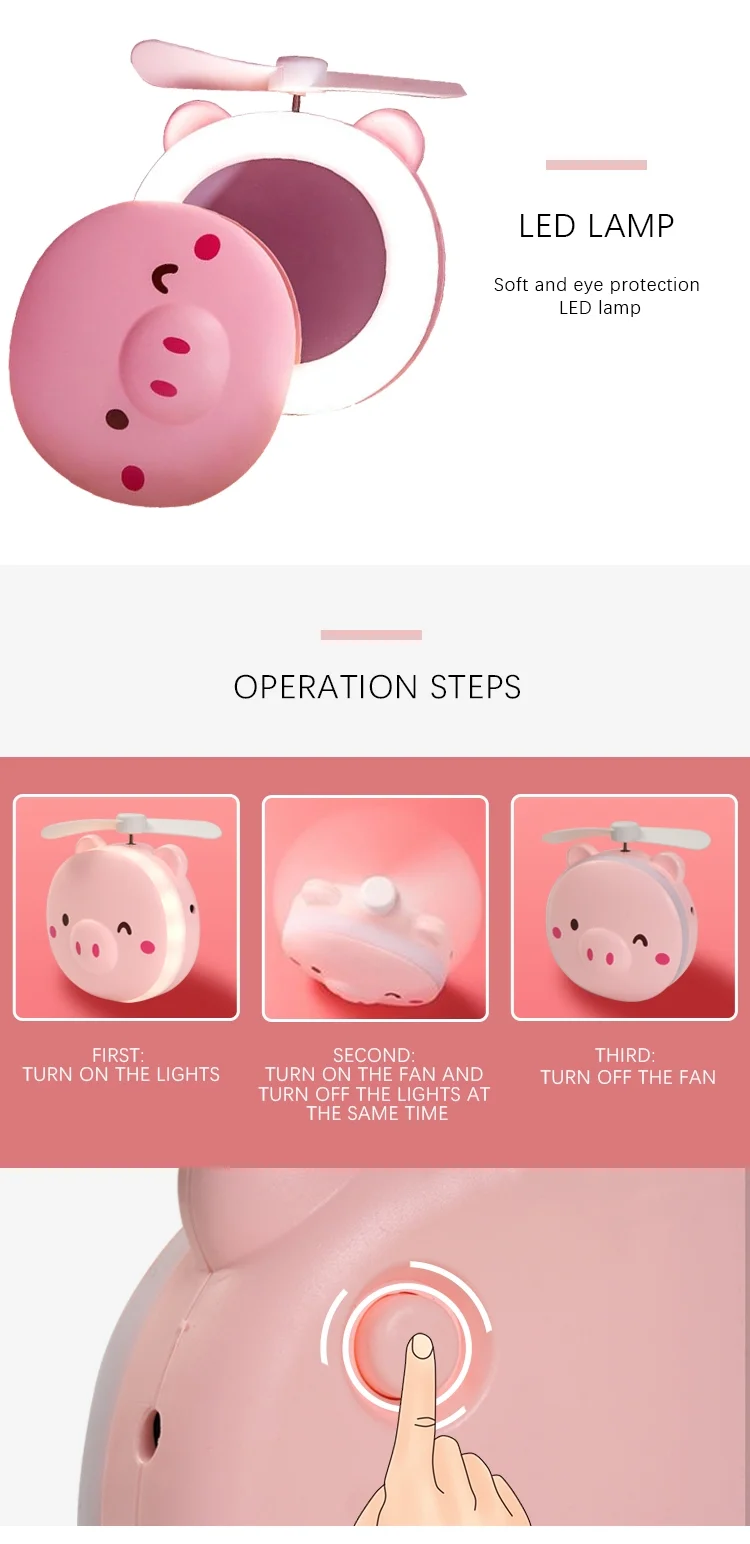 2019 new product pig  Holder Handheld Fan Makeup Mirror LED Mini Fan